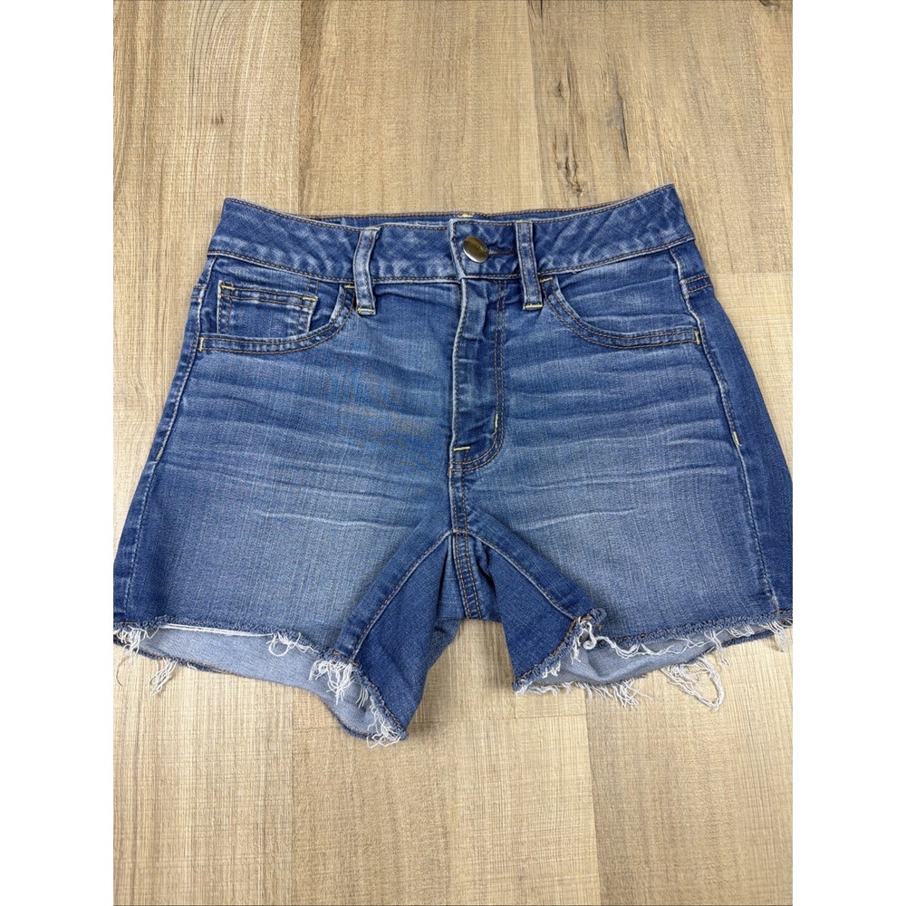American Eagle Hi Rise Shortie Short Womens 0 Blue Cut Off Raw Hem Stretch Denim